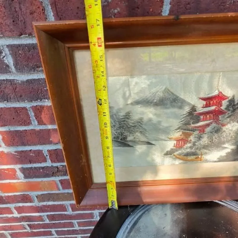 Vintage Asian Silk Embroidery Pagoda Landscape Framed Wall Art